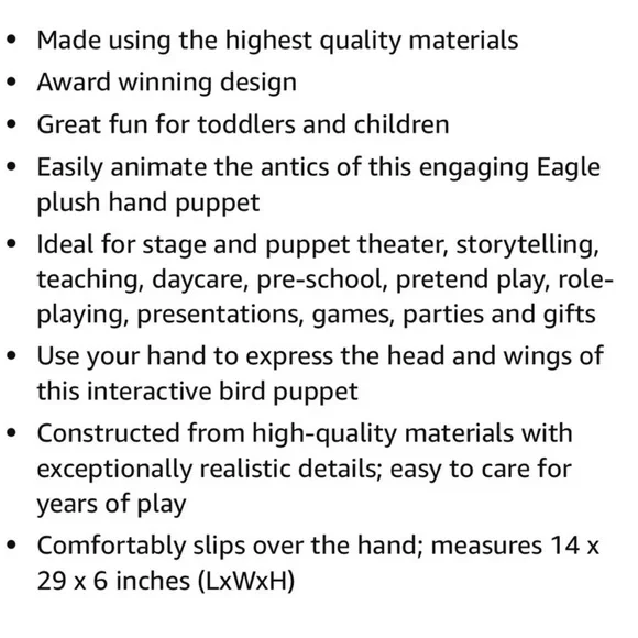 NEW! Folkmanis Puppets Soft Plush Realistic Bald Eagle Hand Puppet Black & White - Picture 5 of 5